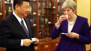特里莎·梅首相與習近平主席一起茶敘。