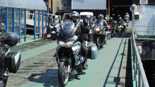 Bikes coming off the Isle of Man ferry during TT week