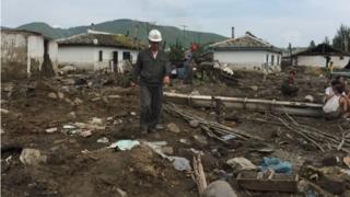一部の地域では村の大部分が洪水で流された(今月7日、北朝鮮・咸鏡北道で)