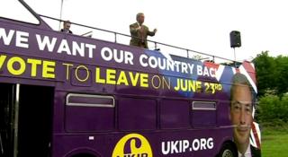 Nigel Farage on Vote Leave bus in South Yorkshire