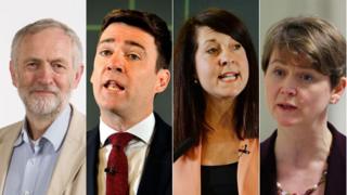 Jeremy Corbyn, Andy Burnham, Liz Kendall ac Yvette Cooper