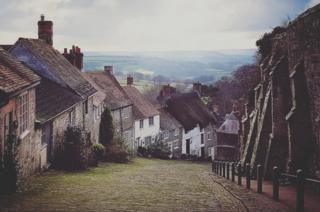 View down a street overlooking landscape
