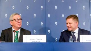 The Prime Minister of the Slovak Republic Robert Fico, right, and the President of the European Commission Jean-Claude Juncker, attend a press conference in Bratislava Friday July 1, 2016.