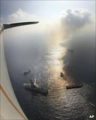 An aerial view of the work to recover oil from the Deepwater accident site, 9 June