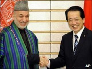 Afghan President Hamid Karzai with Japanese Prime Minister Naoto Kan in Tokyo on 17/6/2010
