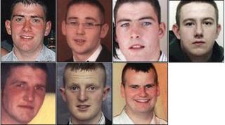 Seven people died in one car. From top left: Eamonn McDaid, 22; Ciaran Sweeney, 19; Patrick McLaughlin, 21; Mark McLaughlin, 21; James McEleney, 23; Paul Doherty, 19, and Damien McLaughlin, 21.