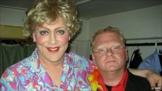 Jon Gnarr (left) poses with the director of Reykjavik Gay Pride festival, Heimir Mar Petursson (5 August 2010)