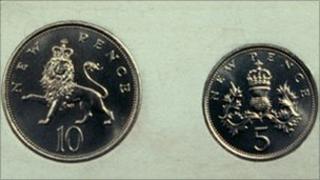 Ten pence piece and a five pence piece