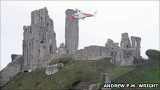 Coastguard helicopter at Corfe Castle