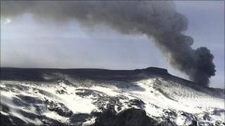 A plume of ash rises from the volcano in the Eyjafjallajokull glacier, Iceland, April 2010