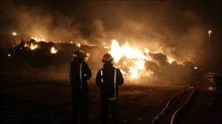 Firefighters at haystack fire in Bedfordshire