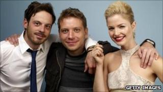 Monsters director Gareth Edwards, middle, with cast Scoot McNairy and Whitney Able