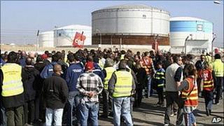 Workers block the Fos-sur-Mer oil depot, southern France. 14 Oct 2010