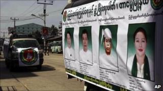 Poster showing candidates from a junta-linked party in Rangoon on 31 Oct 2010