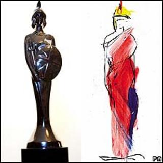 The customary Brit trophy (l) with Dame Vivienne Westwood's new design (r)