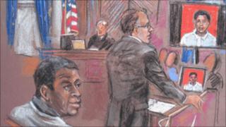 Courtroom sketch of Mr Ghailani (left) at his trial in New York