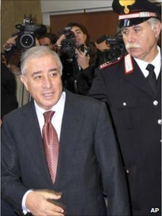 File picture of Marcello Dell'Utri (L) arriving for a hearing in his appeals trial, in Palermo, southern Italy