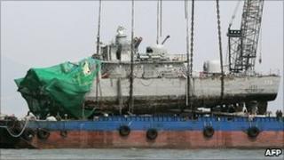 The Cheonan is lifted from the sea in April 2010