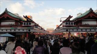 Busy market area in Asakusa, home to several ancient Buddhist temples