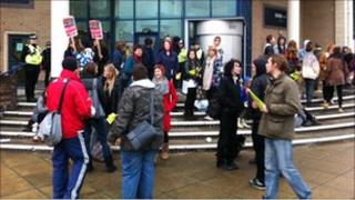 Student protestors outside the BBC