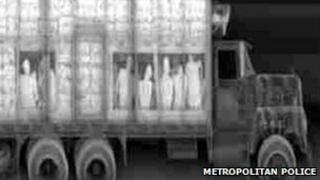 A lorry X-ray machine shows people being smuggled into the UK (undated Metropolitan Police image)