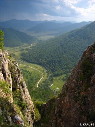 View from a rock above Denisova cave on to the excavation field camp (Johannes Krause)