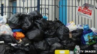 Pile of uncollected rubbish bags in Birmingham