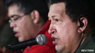 President Hugo Chavez speaking at a meeting to discuss building new homes in Caracas, 8 January 2011