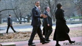 President Barack Obama walking outside the US Chamber of Commerce