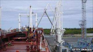 Oil tanker filling up at the Rosneft Arctic port facility at Arkhangelsk