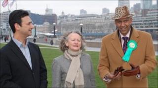 Farid Bakht (left) , Jenny Jones and Shahrar Ali