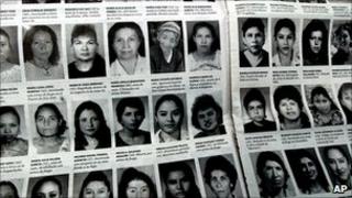 Page from a Guatemalan newspaper showing faces of some of the women killed in 2004