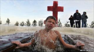 A boy in the Ukraine celebrates Orthodox Epiphany - January 2010