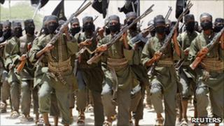 al-Shabab fighters parade in Afgoye, Somalia