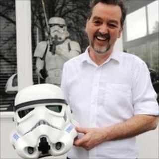 Andrew Ainsworth with a Stormtrooper helmet