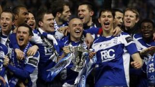 Birmingham City players celebrate after winning the 2011 Carling Cup