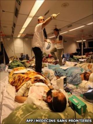 Injured people on Medecins Sans Frontieres boat leaving Libya for Tunisia on 17 April 2011