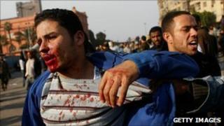 A wounded man in Tahrir Square in Cairo, 2 February