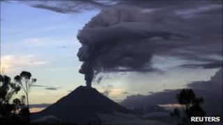 The Tungurahua volcano spews ash and steam during an eruption on 25 April 2011