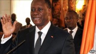 Alassane Ouattara is sworn in as Ivory Coast's president on 6 May 2011 at the presidential palace in Abidjan