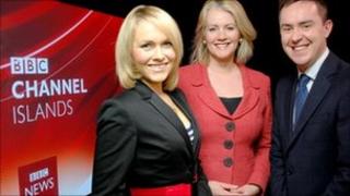 BBC Channel Island news presenters Clare Burton, Gwyn Garfield-Bennett and Edward Sault