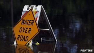 Flooded road sign in Mississippi