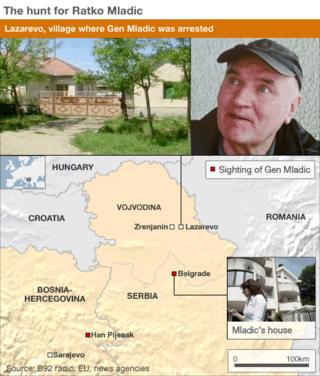 Map showing where Ratko Mladic was arrested