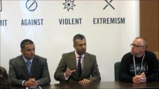 Left, Paul Carrillo (former gang member); centre, Maajid Nawaz (former Islamist, now director of Quilliam Foundation); right, T.J Leyden (former neo-Nazi)