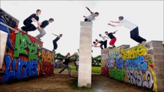 Boys at the opening of the parkour course in Coatbridge