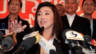 Yingluck Shinawatra at her party headquarters