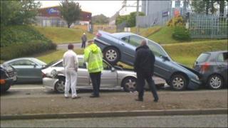 One car ended up on top of the vehicle behind in Fforestfach