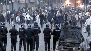 A riot scene in Bradford