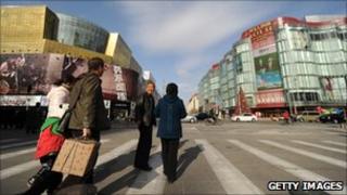 Shoppers walks through shopping street in Beijing