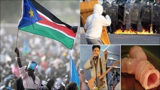 Clockwise from left: Independence celebrations in South Sudan, Belfast riots, a synthetic windpipe and Prince